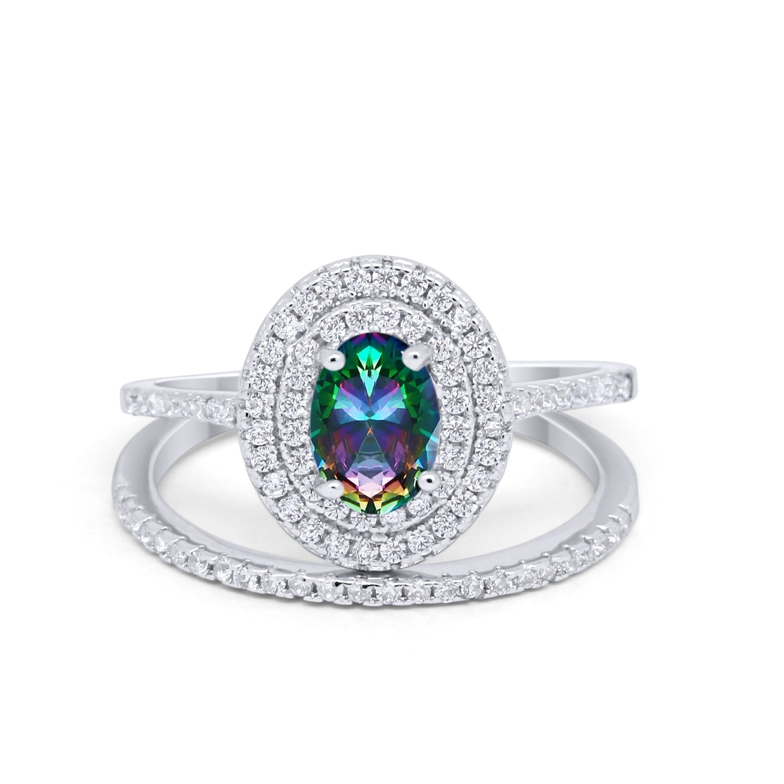 Halo Wedding Piece Bridal Ring Oval Simulated Cubic Zirconia Sterling Silver