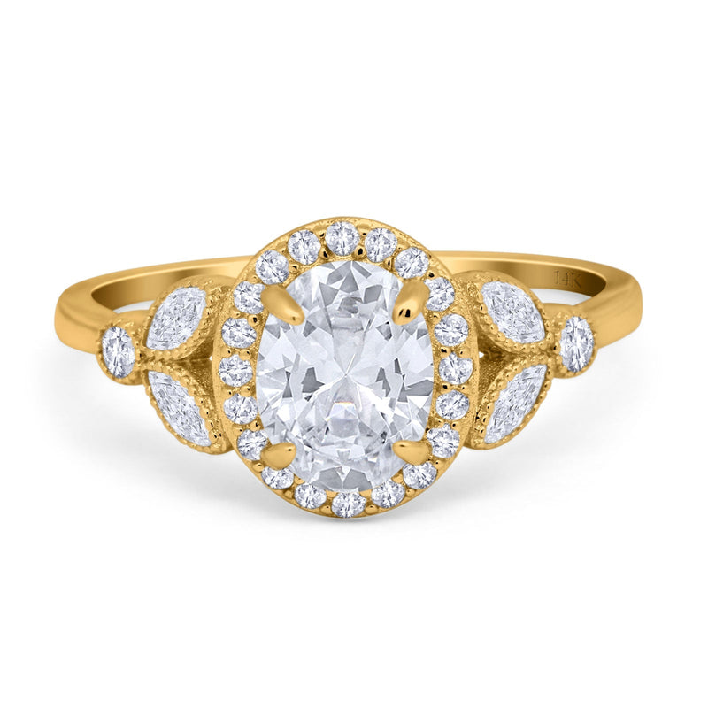 14K Gold Oval Art Deco Engagement Ring Simulated Cubic Zirconia