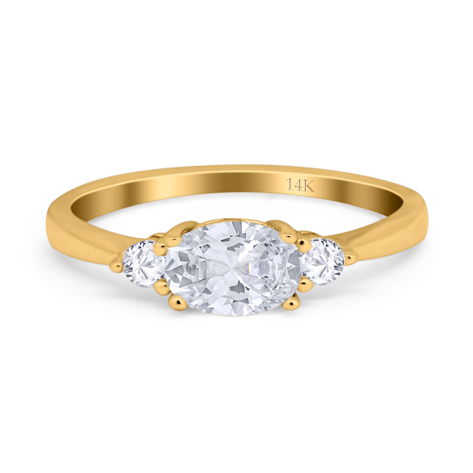 14K Gold Three Stone Oval Cubic Zirconia Engagement Ring