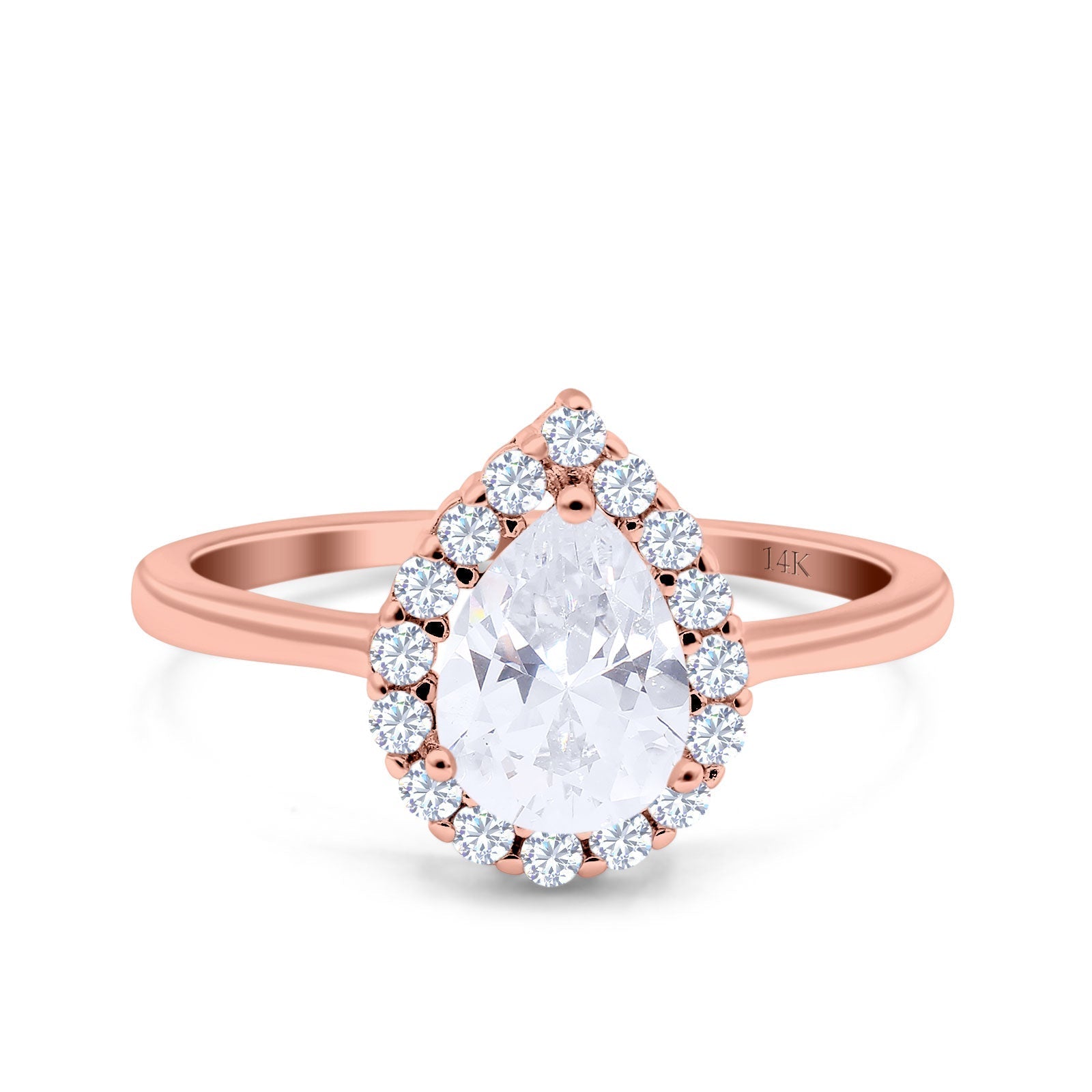 14K Gold Teardrop Halo Art Deco Pear Simulated Cubic Zirconia Wedding Engagement Ring