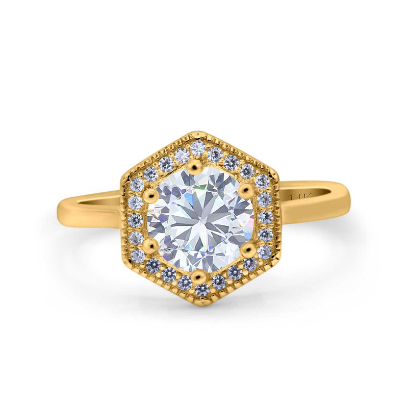 14K Gold Art Deco Hexagon Shape Cubic Zirconia Engagement Ring