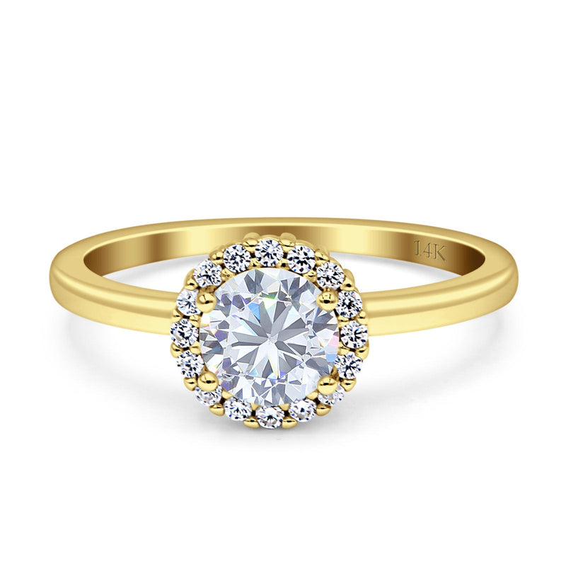 14K Yellow Gold Art Deco Halo Round Cubic Zirconia Engagement Ring