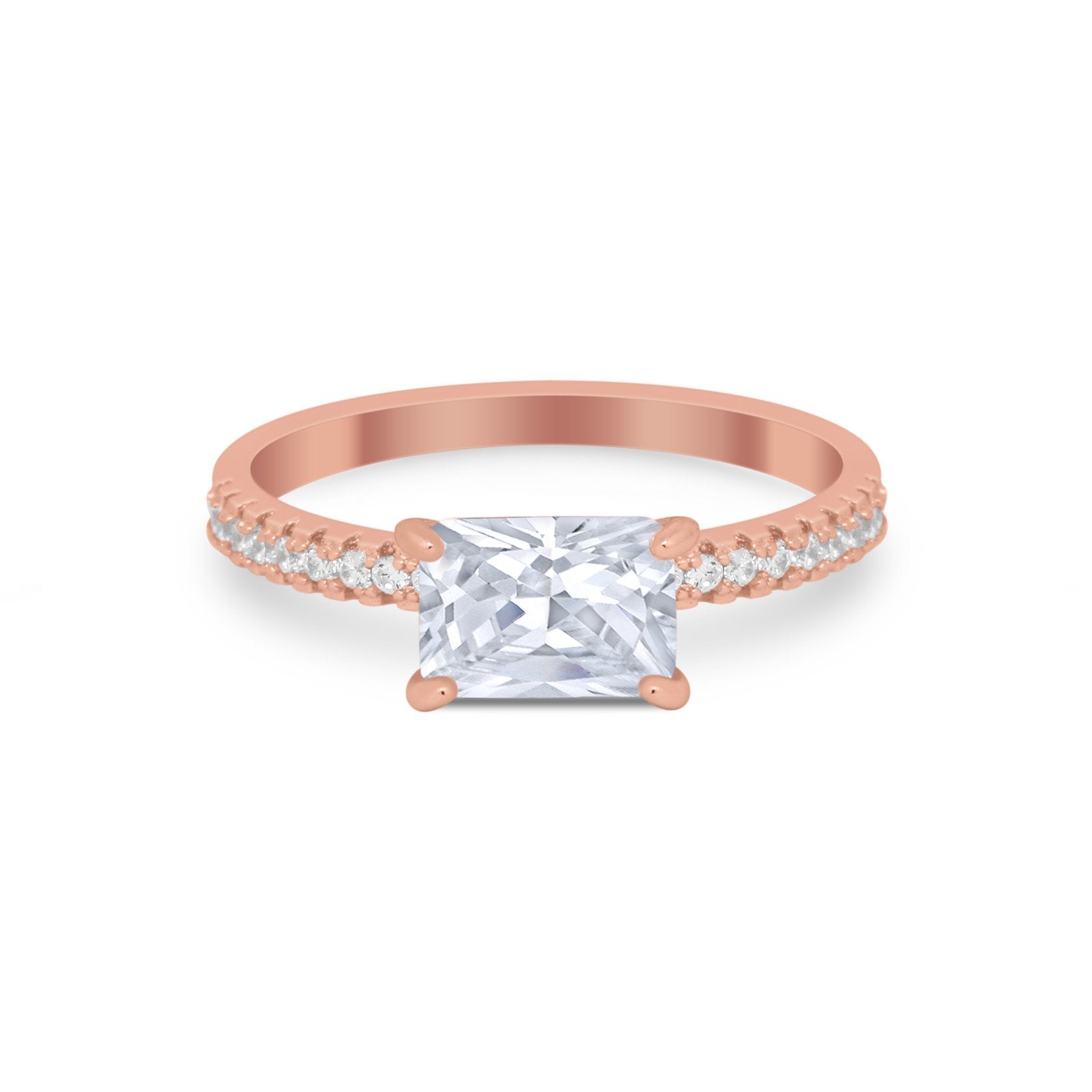 Vintage Wedding Ring Sideways Emerald Cut Round CZ 925 Sterling Silver