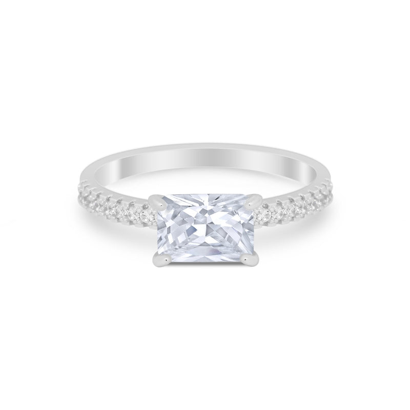 Vintage Wedding Ring Sideways Emerald Cut Round CZ 925 Sterling Silver