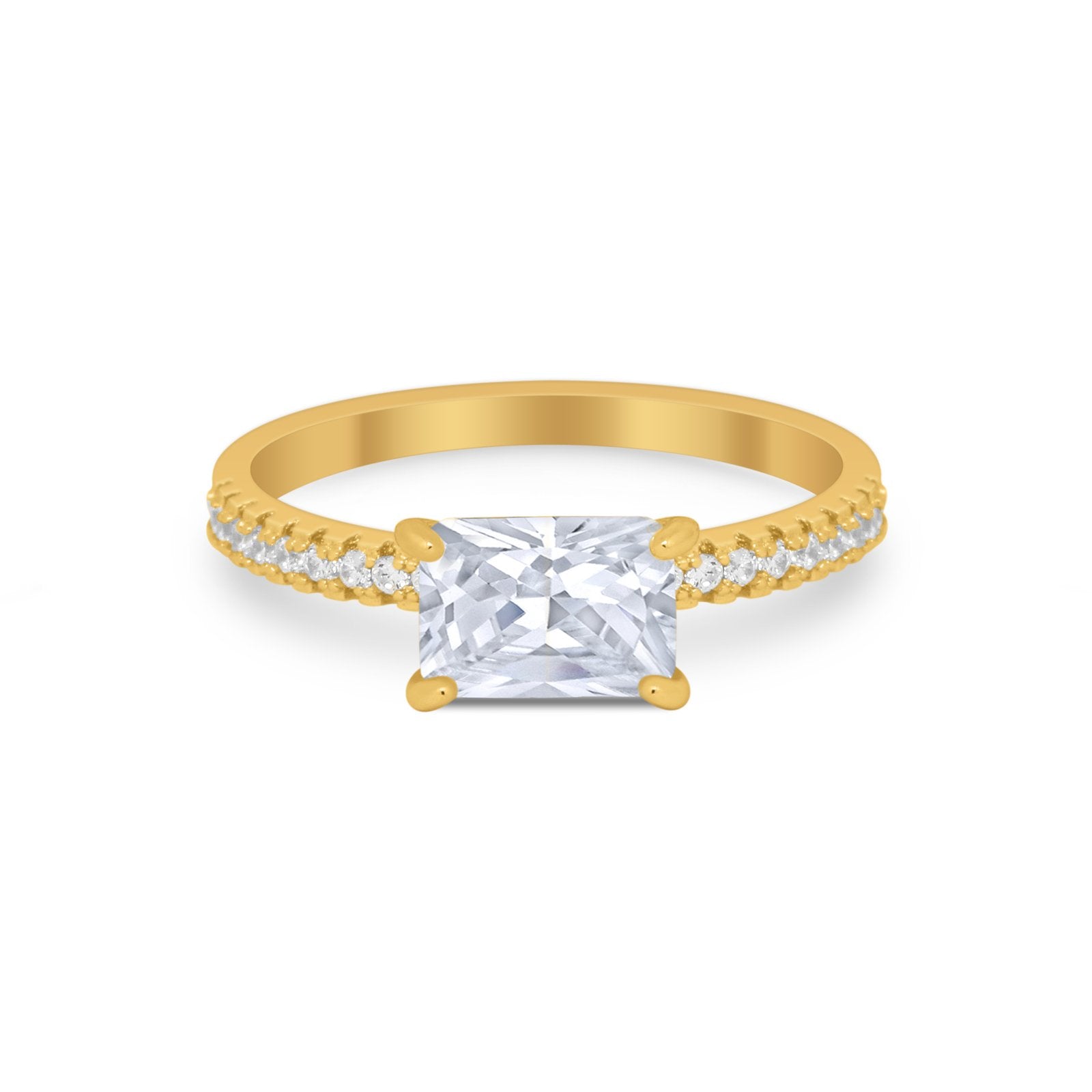 Vintage Wedding Ring Sideways Emerald Cut Round CZ 925 Sterling Silver