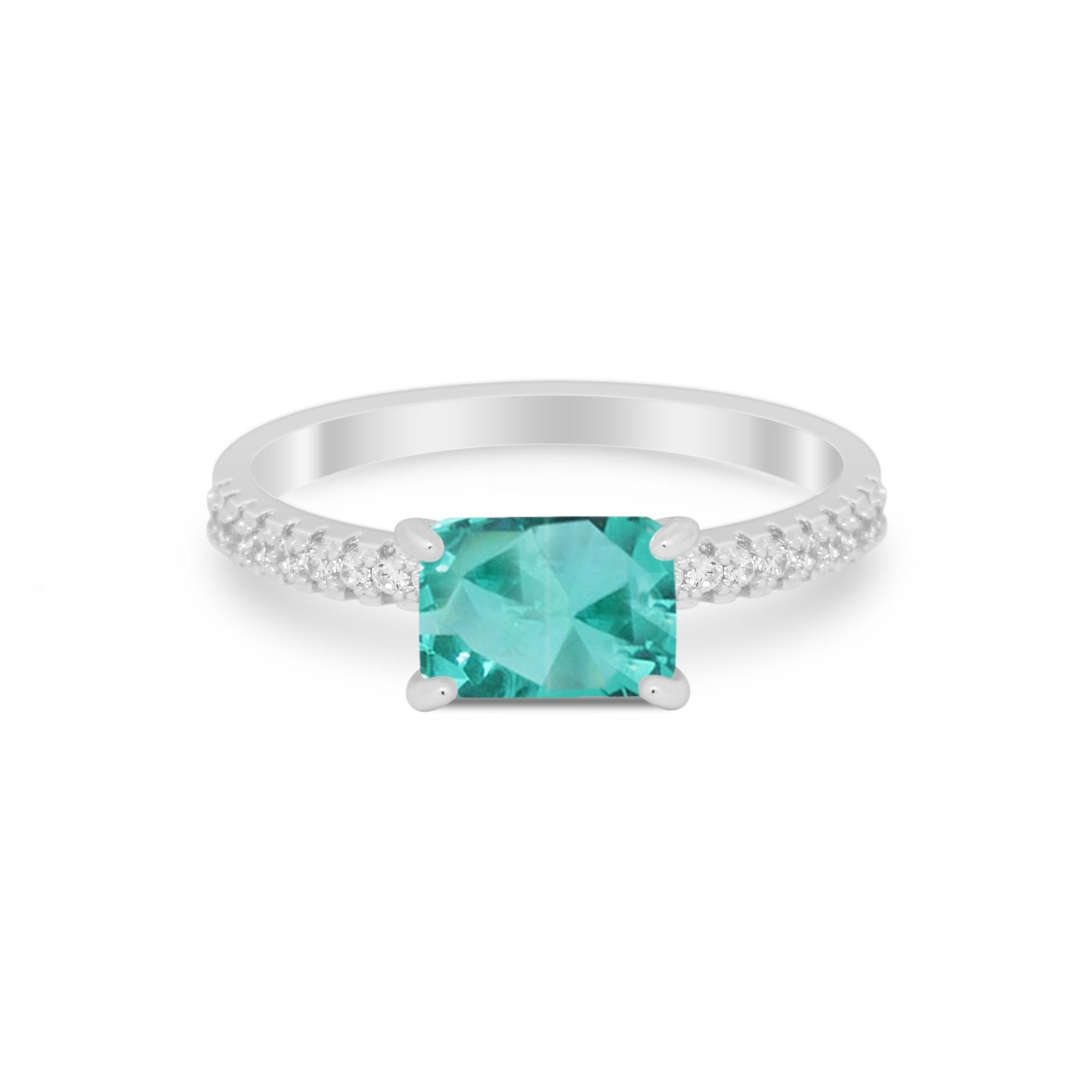 Vintage Wedding Ring Sideways Emerald Cut Round CZ 925 Sterling Silver
