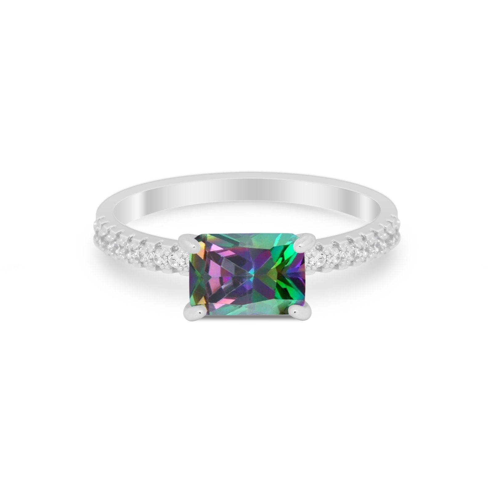 Vintage Wedding Ring Sideways Emerald Cut Round CZ 925 Sterling Silver