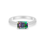 Vintage Wedding Ring Sideways Emerald Cut Round CZ 925 Sterling Silver