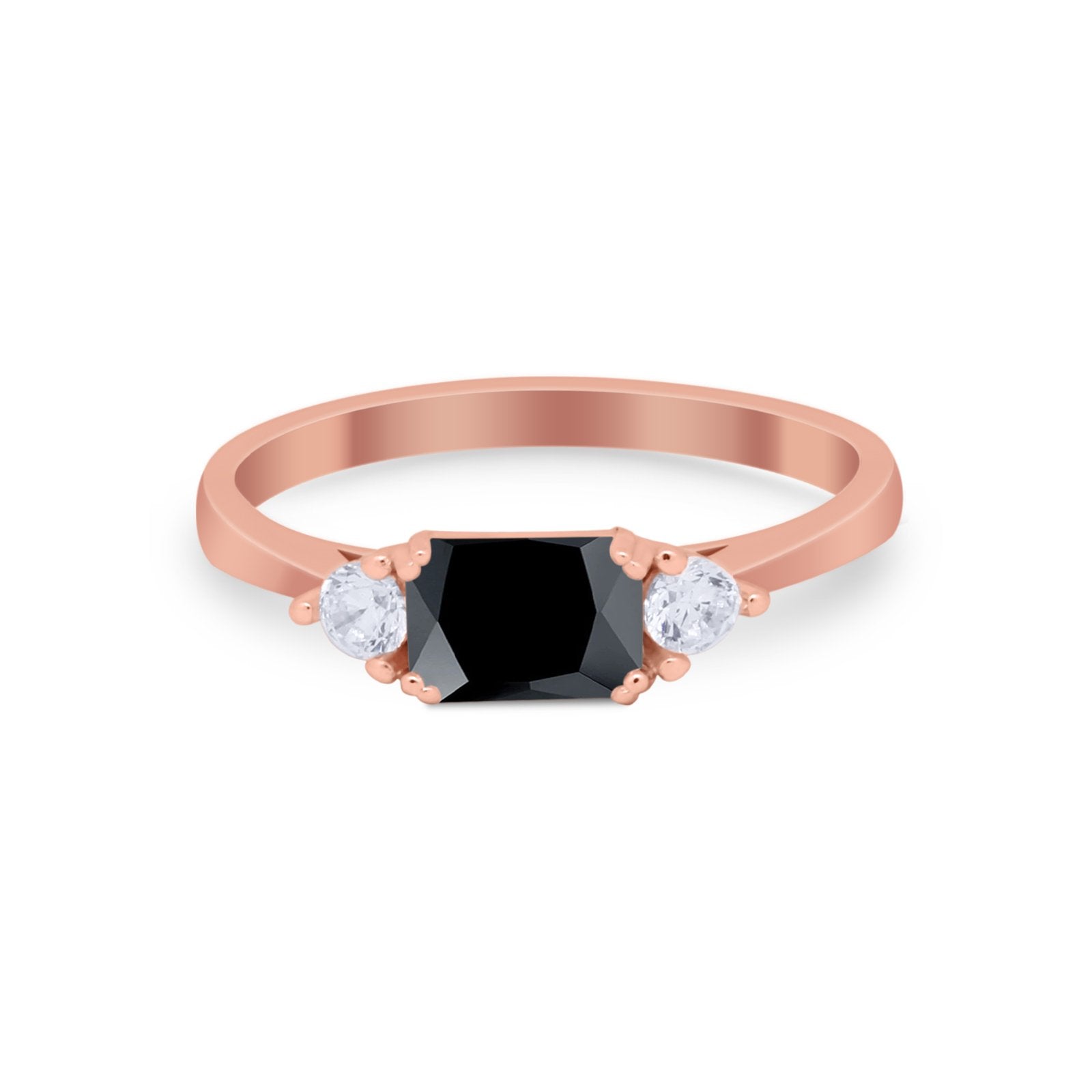 Three Stone Wedding Engagement Ring Emerald Cut Round CZ 925 Sterling Silver