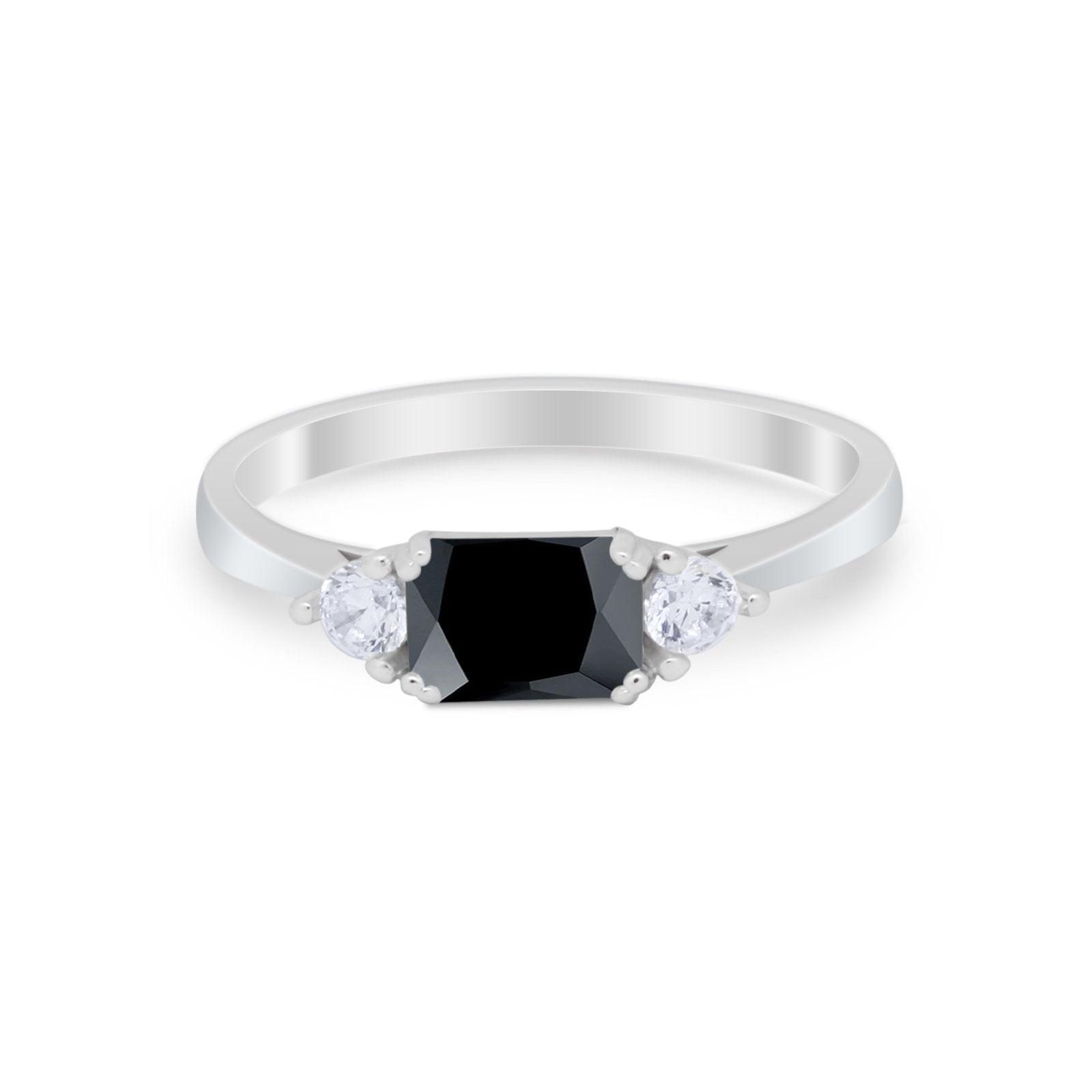 Three Stone Wedding Engagement Ring Emerald Cut Round CZ 925 Sterling Silver