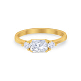 Three Stone Wedding Engagement Ring Emerald Cut Round CZ 925 Sterling Silver