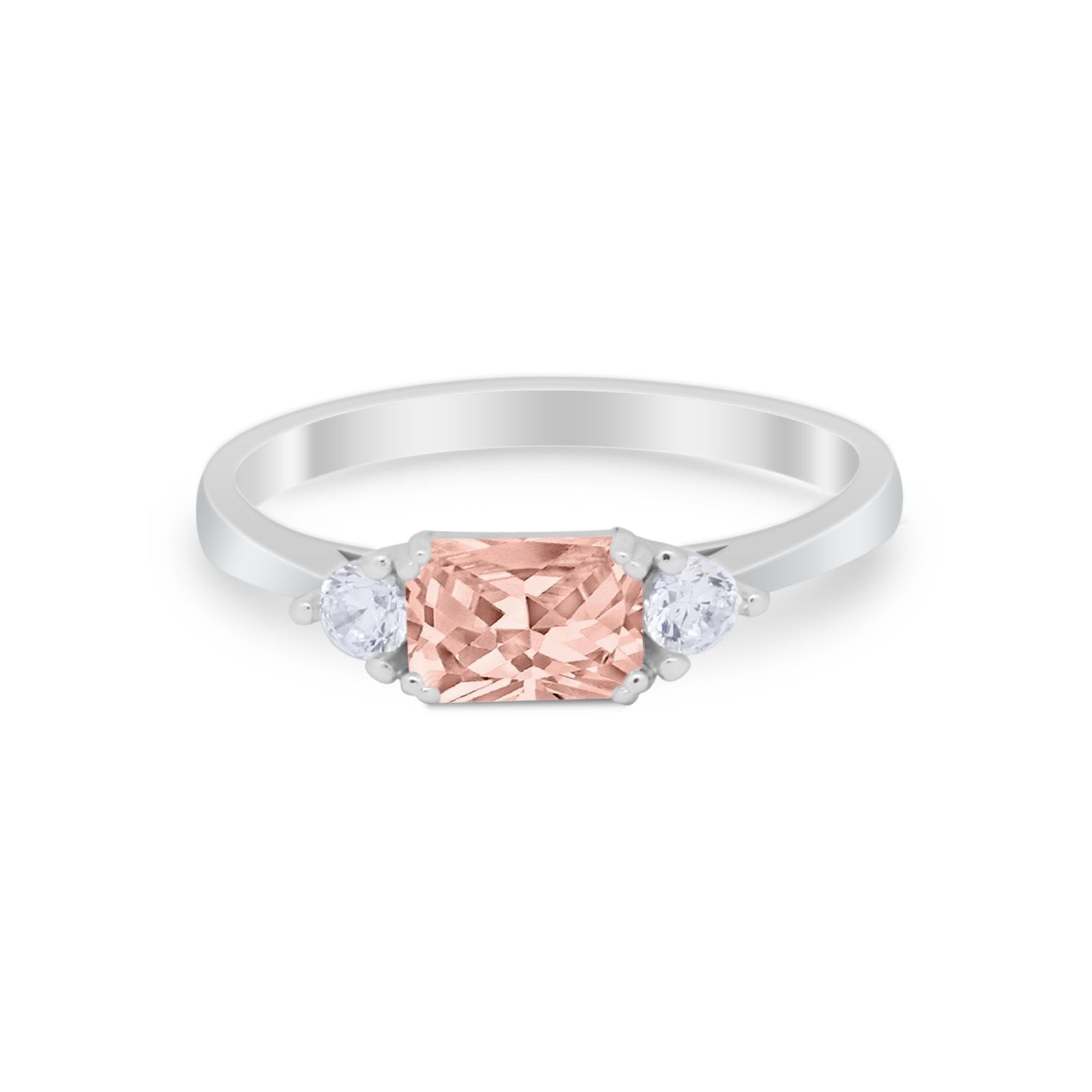 Three Stone Wedding Engagement Ring Emerald Cut Round CZ 925 Sterling Silver