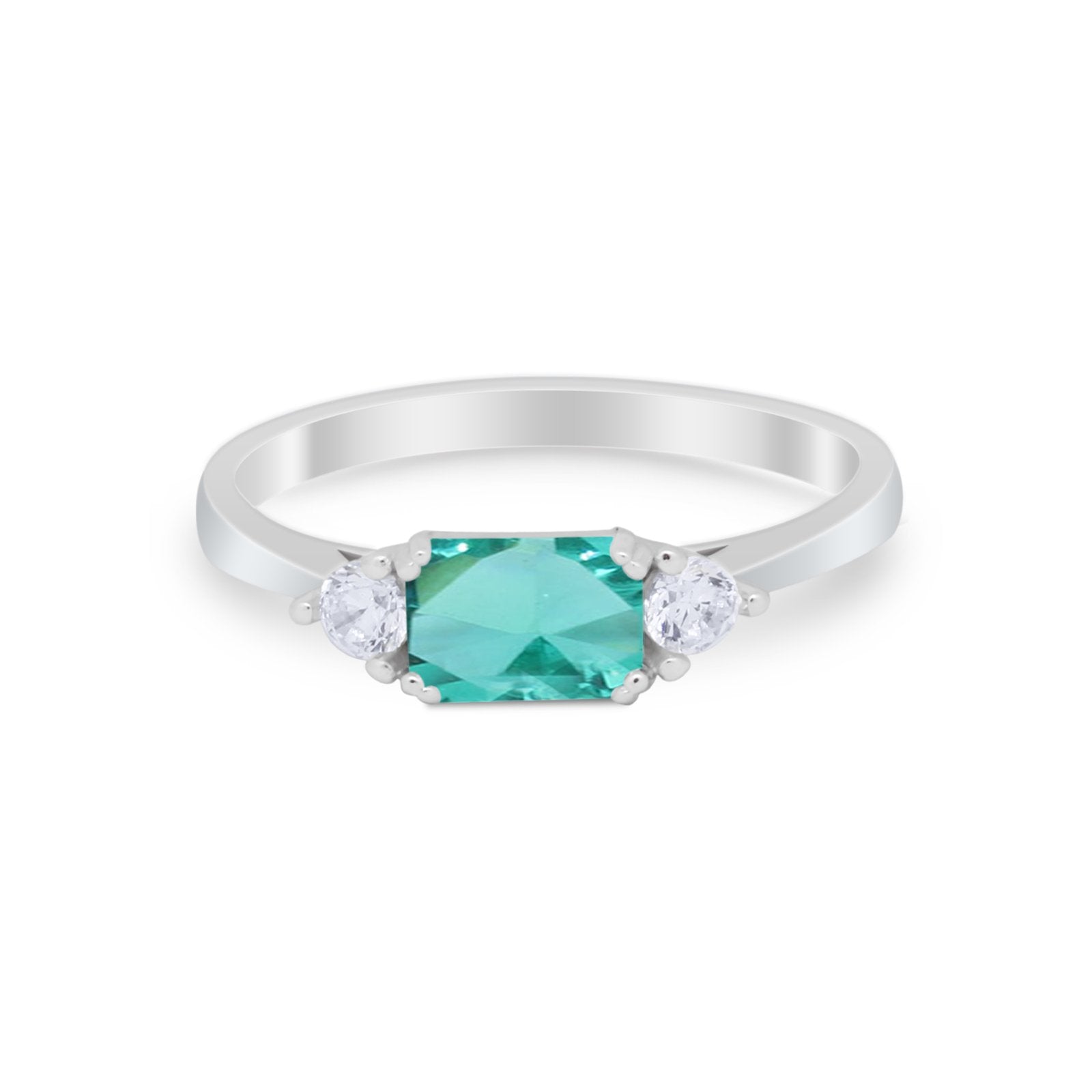 Three Stone Wedding Engagement Ring Emerald Cut Round CZ 925 Sterling Silver