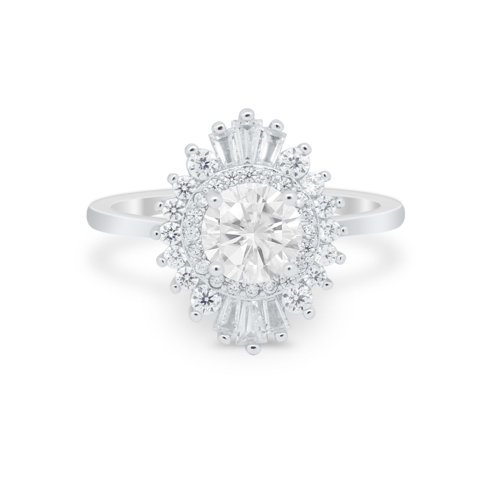 Art Deco Wedding Engagement Bridal Ring Baguette Round CZ 925 Sterling Silver