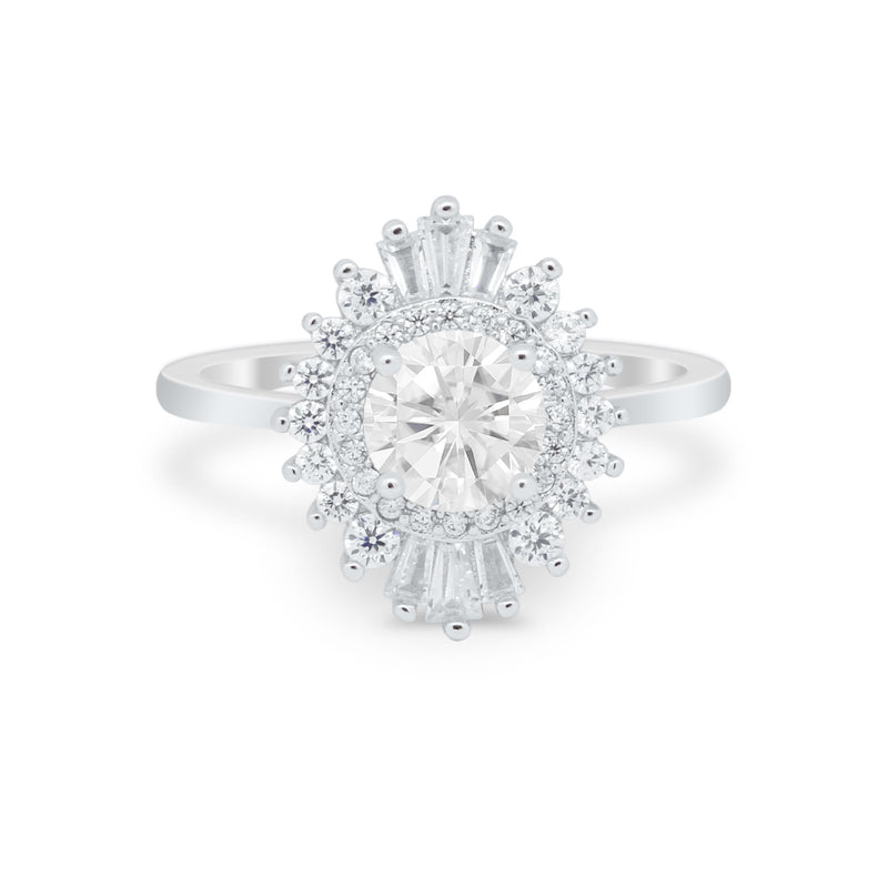 Art Deco Wedding Engagement Bridal Ring Baguette Round CZ 925 Sterling Silver