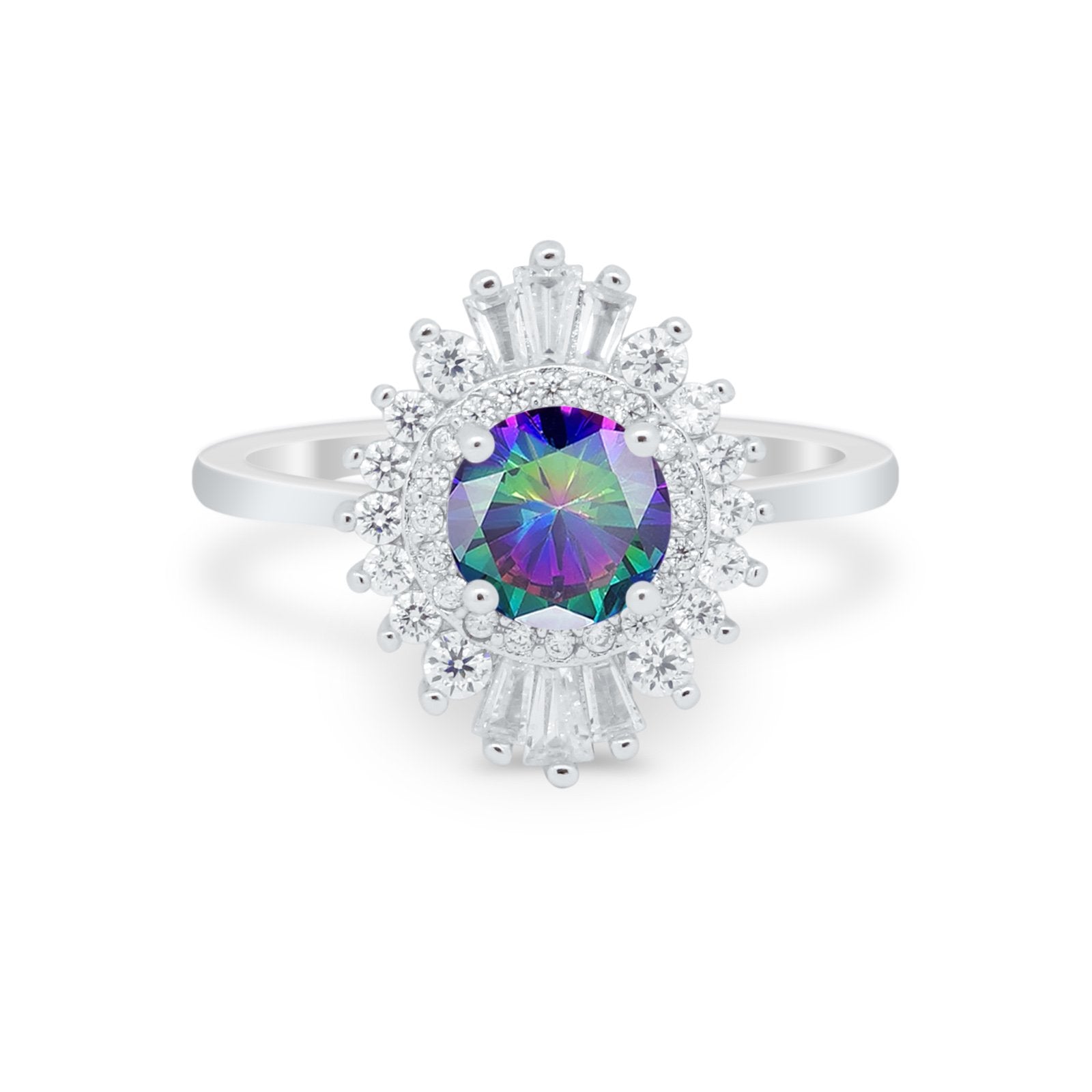 Art Deco Wedding Engagement Bridal Ring Baguette Round CZ 925 Sterling Silver