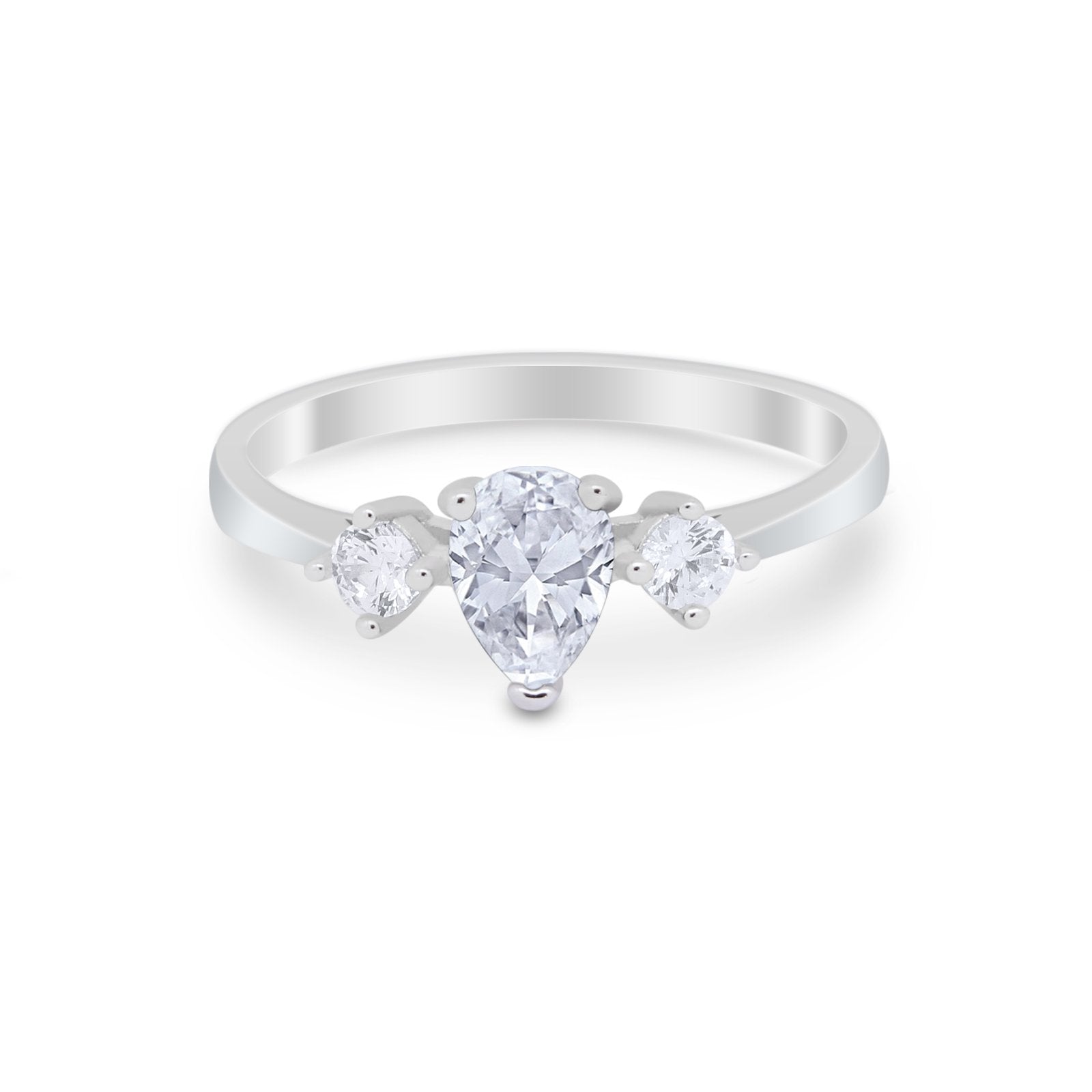 Three Stone Wedding Ring Pear Round Simulated Cubic Zirconia 925 Sterling Silver