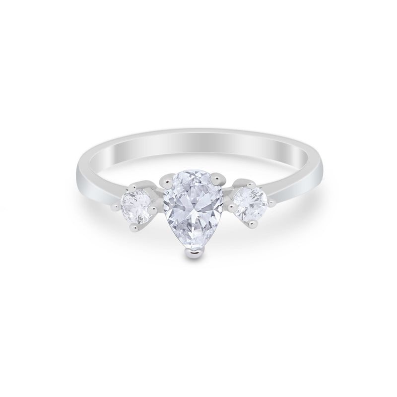 Three Stone Wedding Ring Pear Round Simulated Cubic Zirconia 925 Sterling Silver