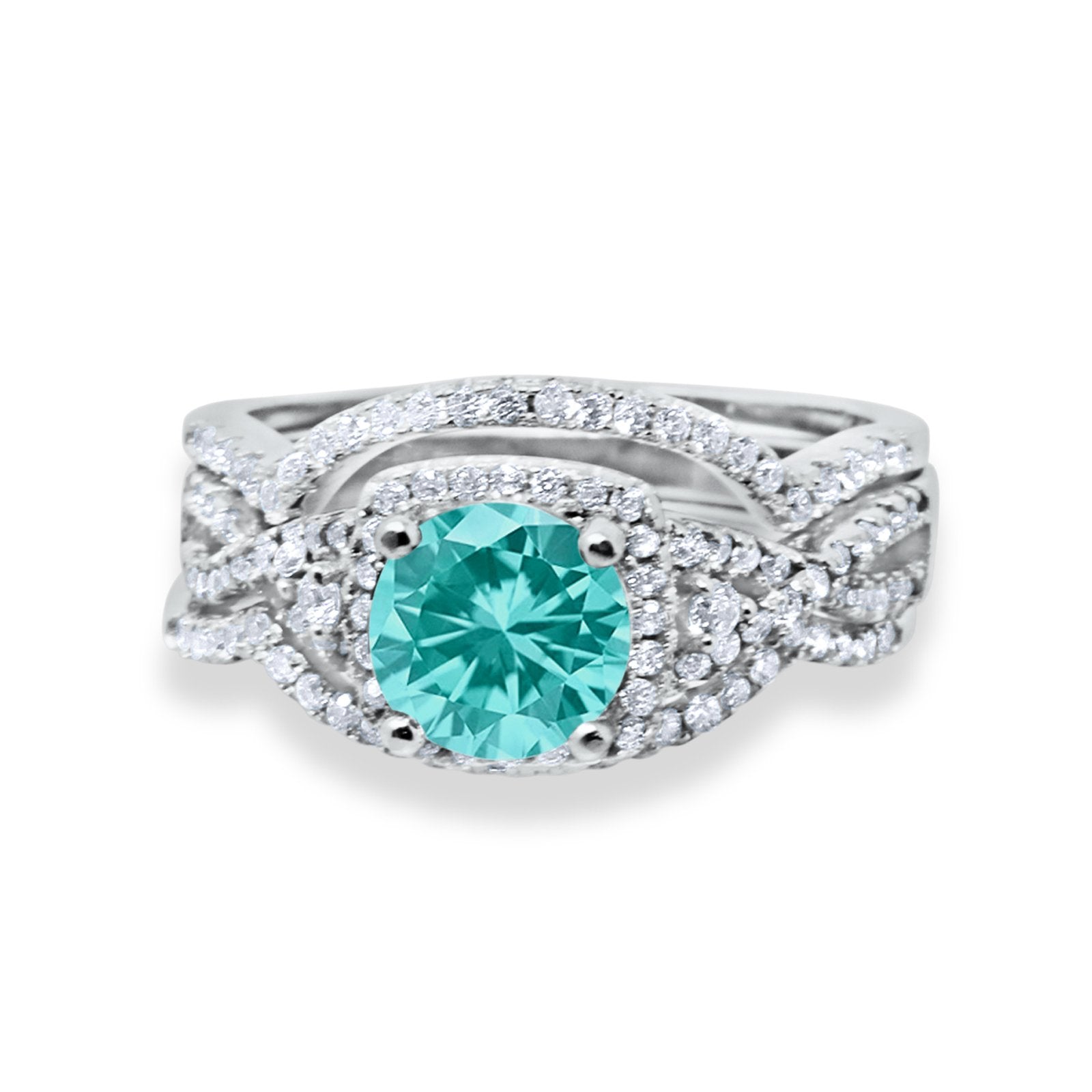 Halo Wedding Trio Piece Ring Simulated Cubic Zirconia 925 Sterling Silver