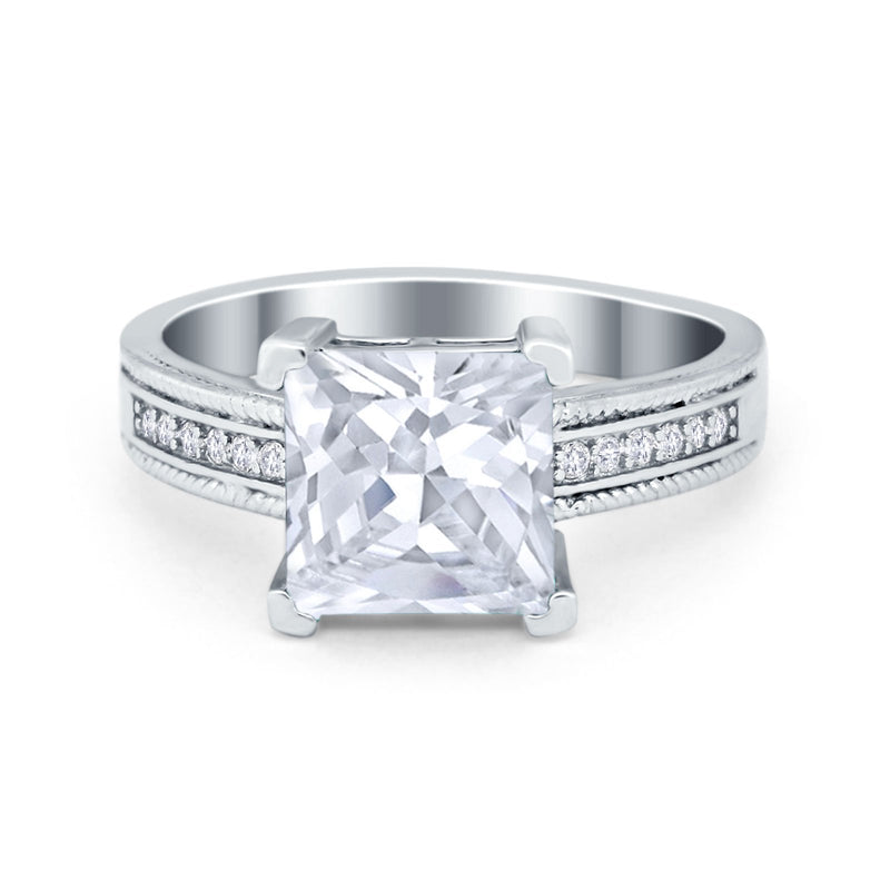 Cushion Cut Wedding Ring Simulated Cubic Zirconia Accent 925 Sterling Silver