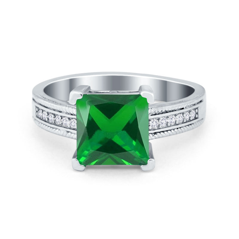 Cushion Cut Wedding Ring Simulated Cubic Zirconia Accent 925 Sterling Silver