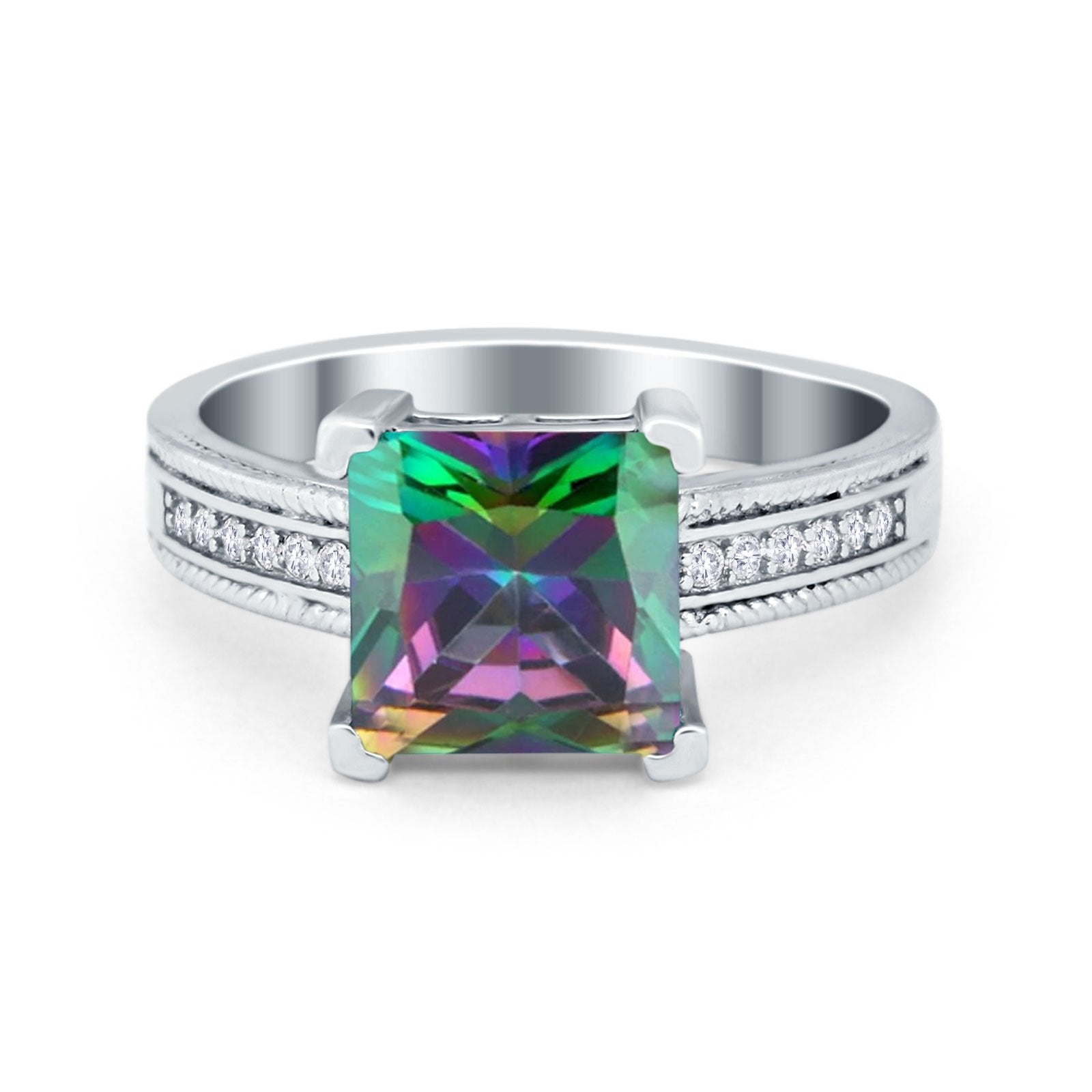 Cushion Cut Wedding Ring Simulated Cubic Zirconia Accent 925 Sterling Silver