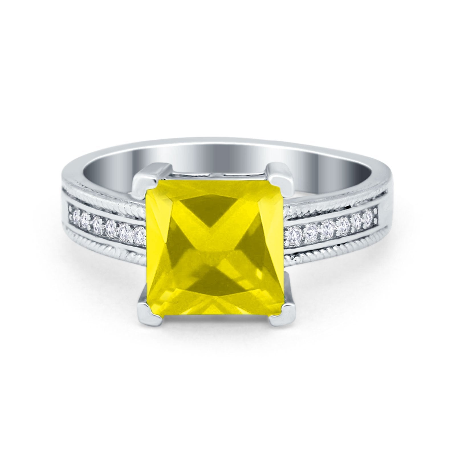 Cushion Cut Wedding Ring Simulated Cubic Zirconia Accent 925 Sterling Silver