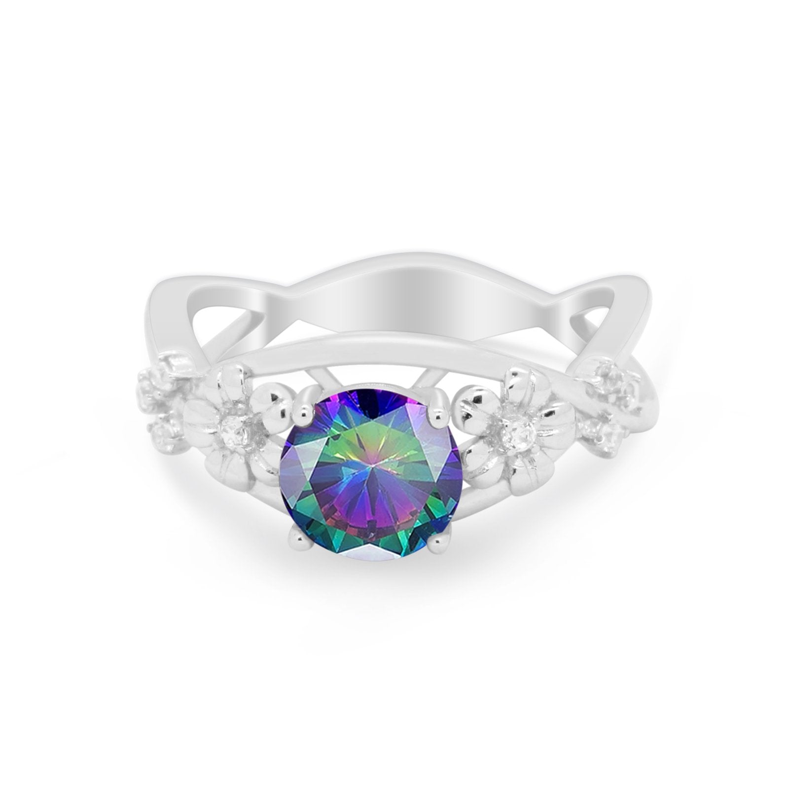 Art Deco Plumeria Flower Infinity Shank Engagement Ring Simulated Cubic Zirconia 925 Sterling Silver