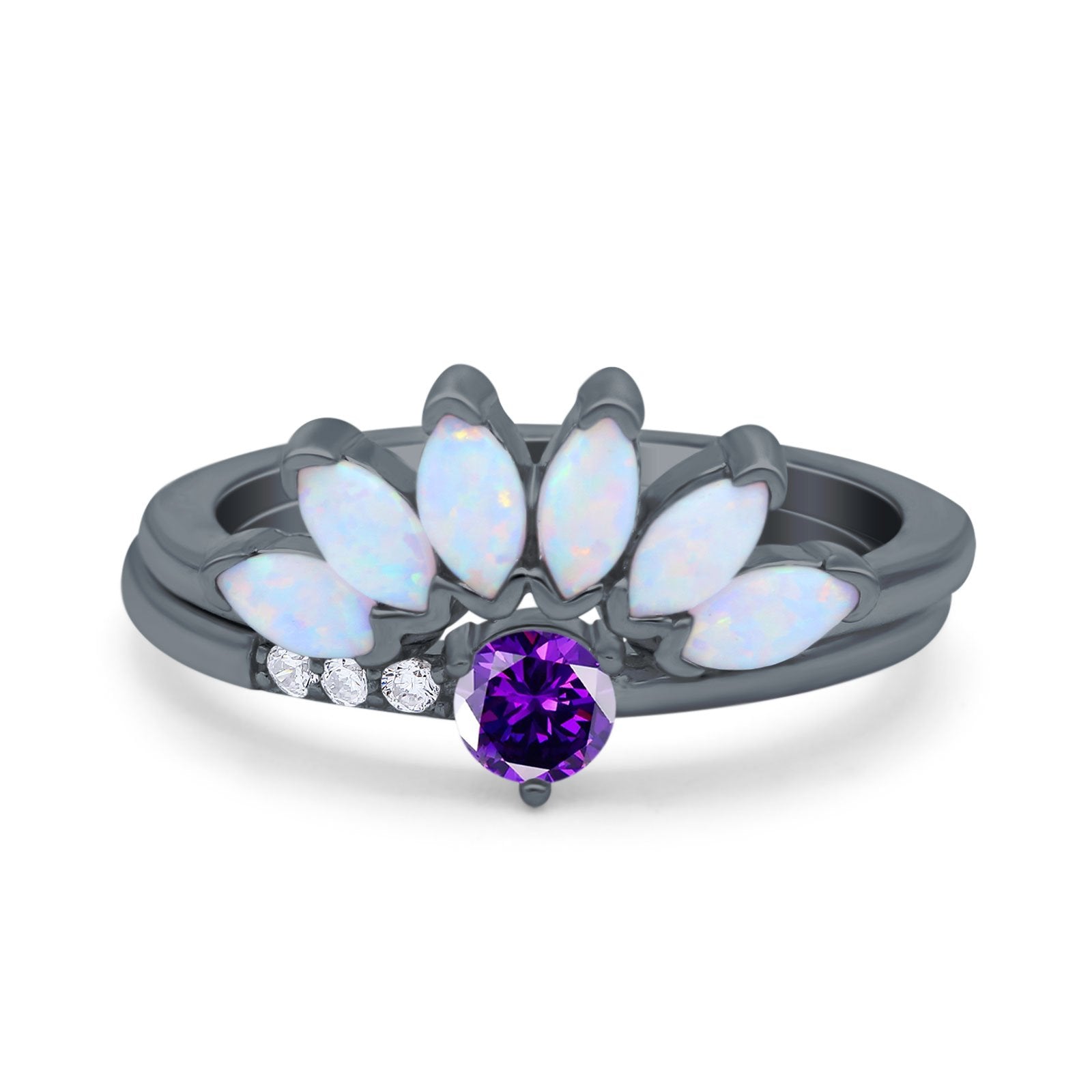 Two Piece Bridal Set Marquise Art Deco Wedding Engagement Ring Set Round Simulated Cubic Zirconia & Lab White Opal Band 925 Sterling Silver