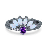 Two Piece Bridal Set Marquise Art Deco Wedding Engagement Ring Set Round Simulated Cubic Zirconia & Lab White Opal Band 925 Sterling Silver