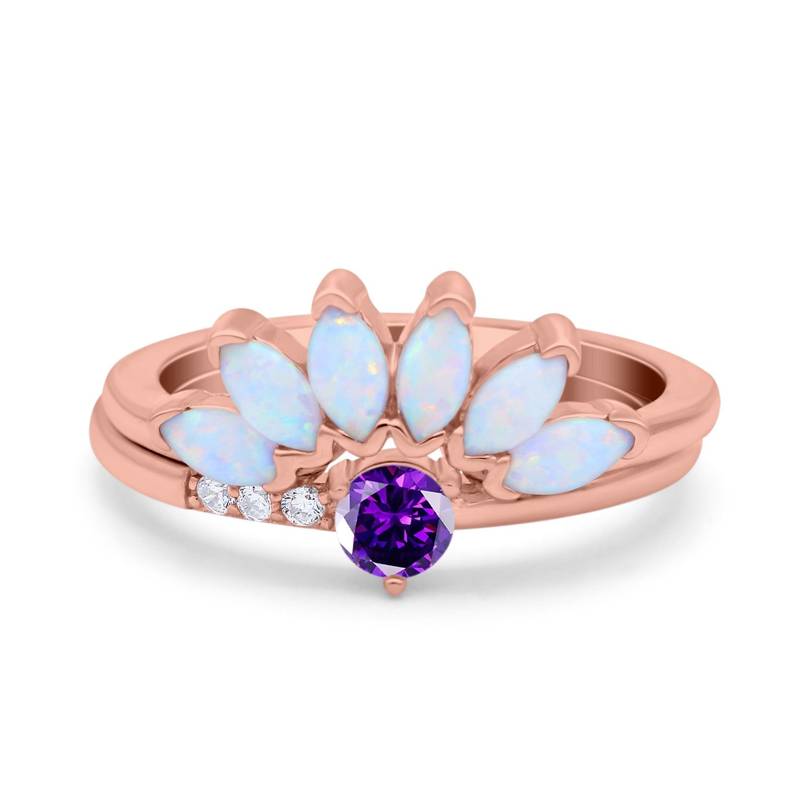 Two Piece Bridal Set Marquise Art Deco Wedding Engagement Ring Set Round Simulated Cubic Zirconia & Lab White Opal Band 925 Sterling Silver