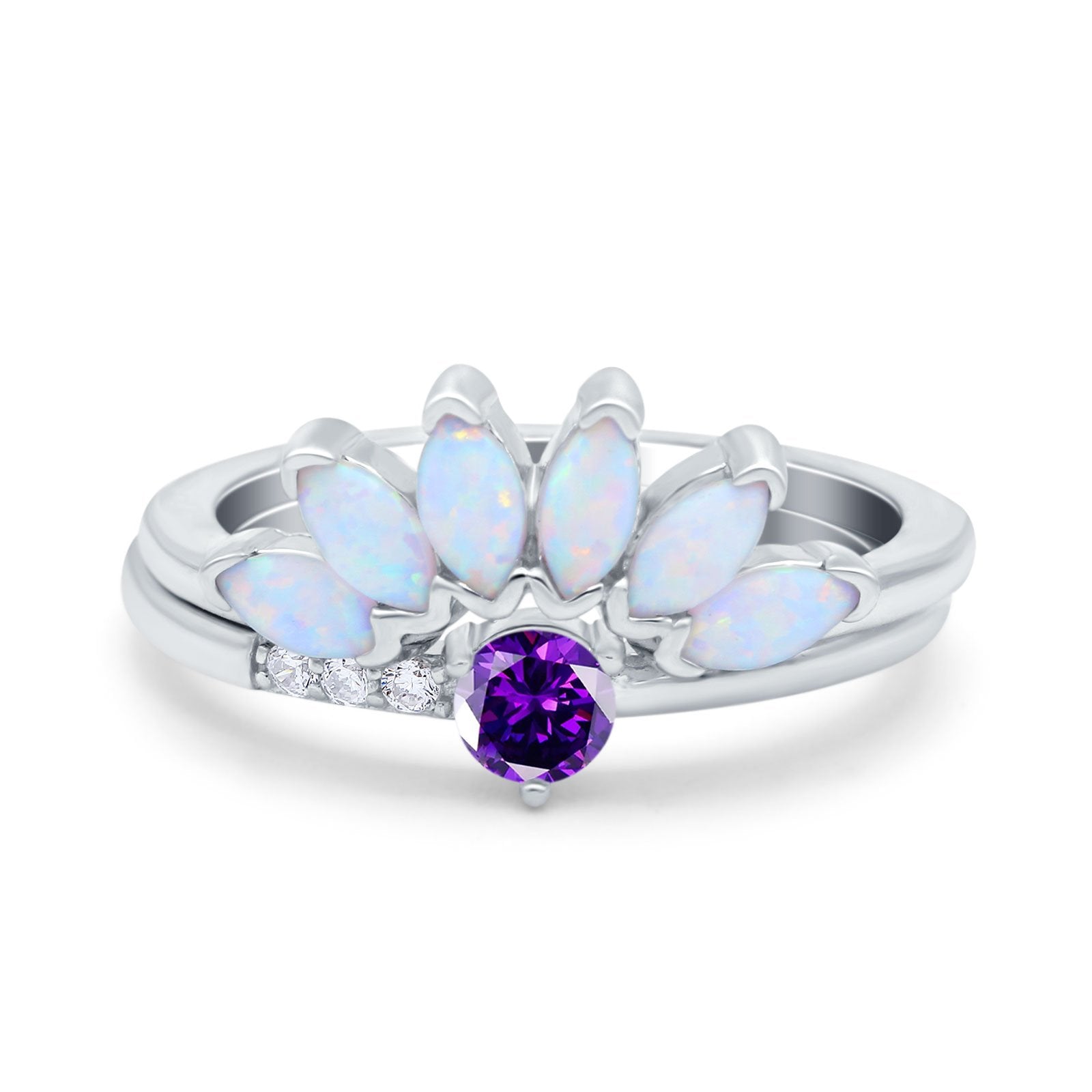 Two Piece Bridal Set Marquise Art Deco Wedding Engagement Ring Set Round Simulated Cubic Zirconia & Lab White Opal Band 925 Sterling Silver