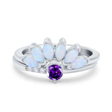 Two Piece Bridal Set Marquise Art Deco Wedding Engagement Ring Set Round Simulated Cubic Zirconia & Lab White Opal Band 925 Sterling Silver