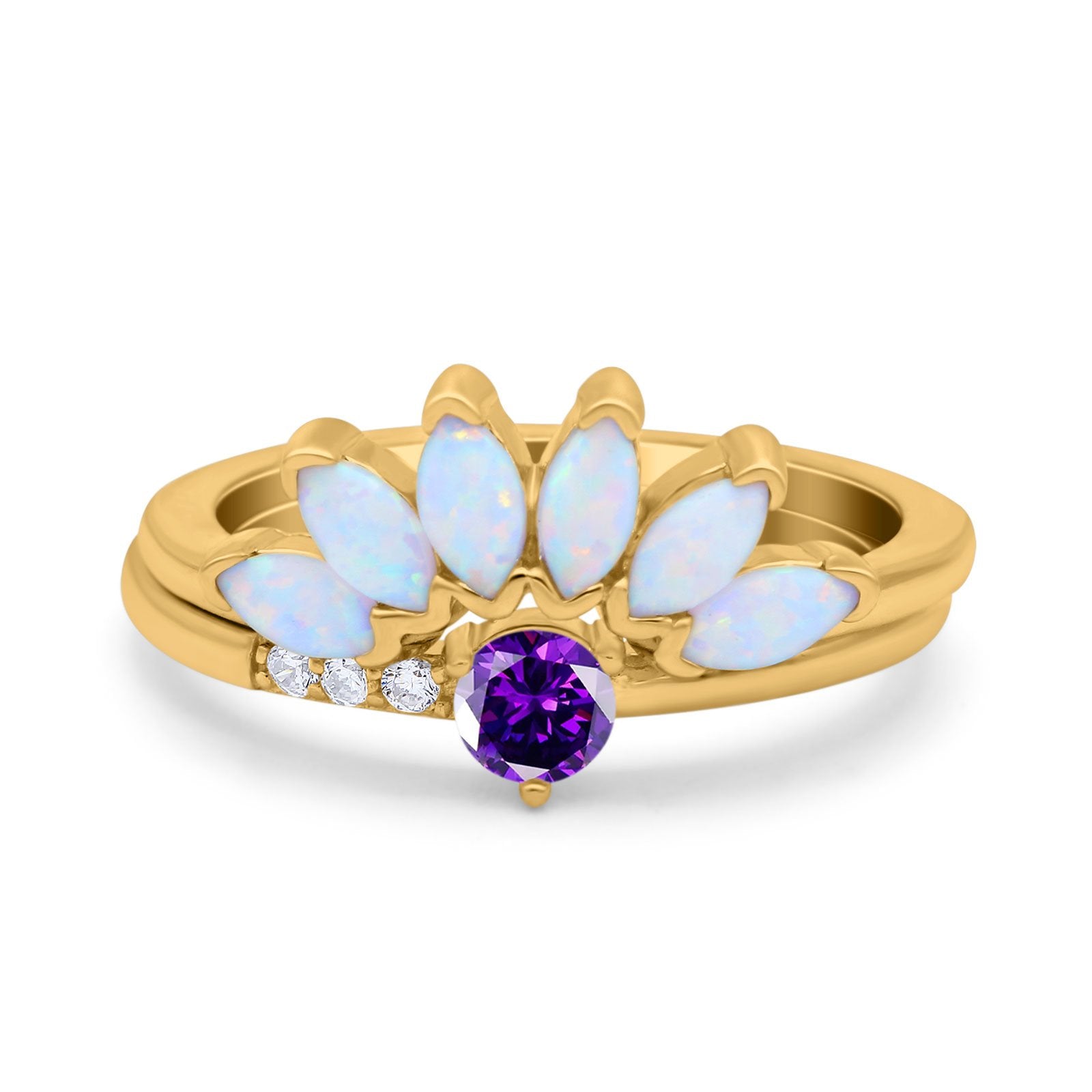 Two Piece Bridal Set Marquise Art Deco Wedding Engagement Ring Set Round Simulated Cubic Zirconia & Lab White Opal Band 925 Sterling Silver