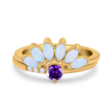 Two Piece Bridal Set Marquise Art Deco Wedding Engagement Ring Set Round Simulated Cubic Zirconia & Lab White Opal Band 925 Sterling Silver