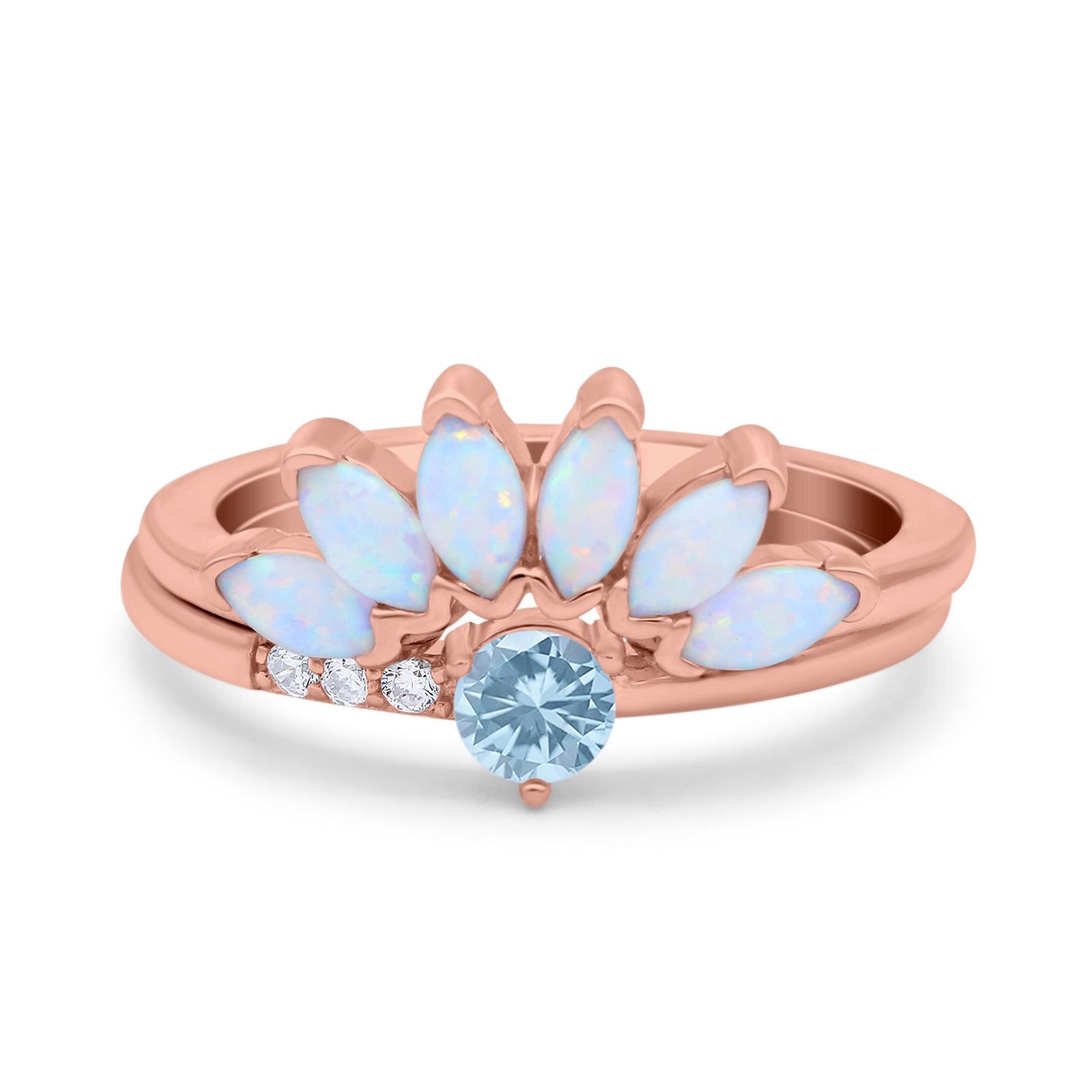 Two Piece Bridal Set Marquise Art Deco Wedding Engagement Ring Set Round Simulated Cubic Zirconia & Lab White Opal Band 925 Sterling Silver