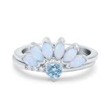 Two Piece Bridal Set Marquise Art Deco Wedding Engagement Ring Set Round Simulated Cubic Zirconia & Lab White Opal Band 925 Sterling Silver