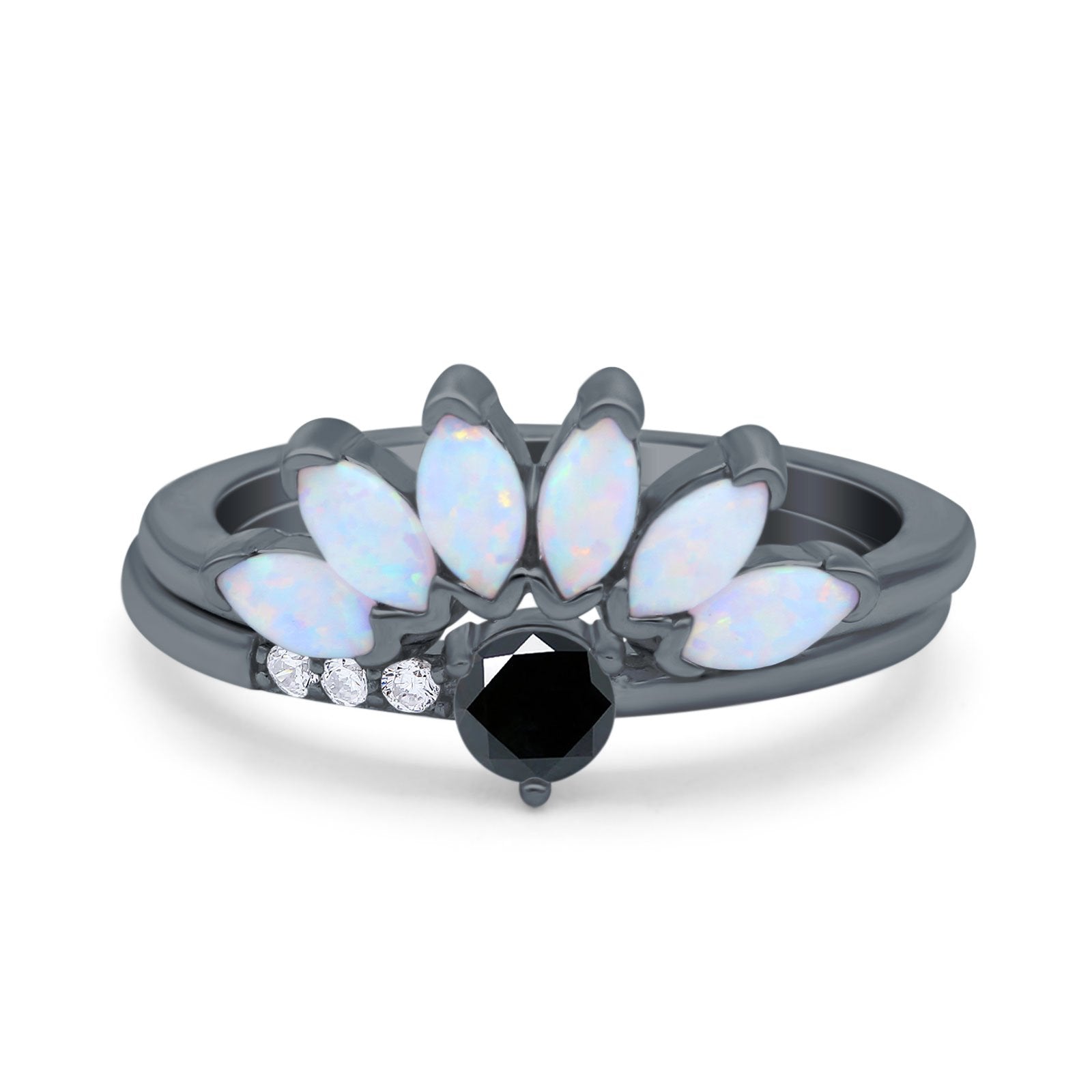 Two Piece Bridal Set Marquise Art Deco Wedding Engagement Ring Set Round Simulated Cubic Zirconia & Lab White Opal Band 925 Sterling Silver