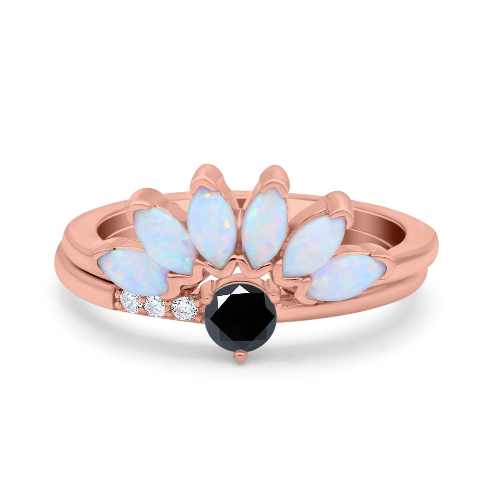 Two Piece Bridal Set Marquise Art Deco Wedding Engagement Ring Set Round Simulated Cubic Zirconia & Lab White Opal Band 925 Sterling Silver