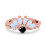 Two Piece Bridal Set Marquise Art Deco Wedding Engagement Ring Set Round Simulated Cubic Zirconia & Lab White Opal Band 925 Sterling Silver