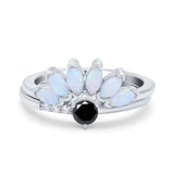 Two Piece Bridal Set Marquise Art Deco Wedding Engagement Ring Set Round Simulated Cubic Zirconia & Lab White Opal Band 925 Sterling Silver