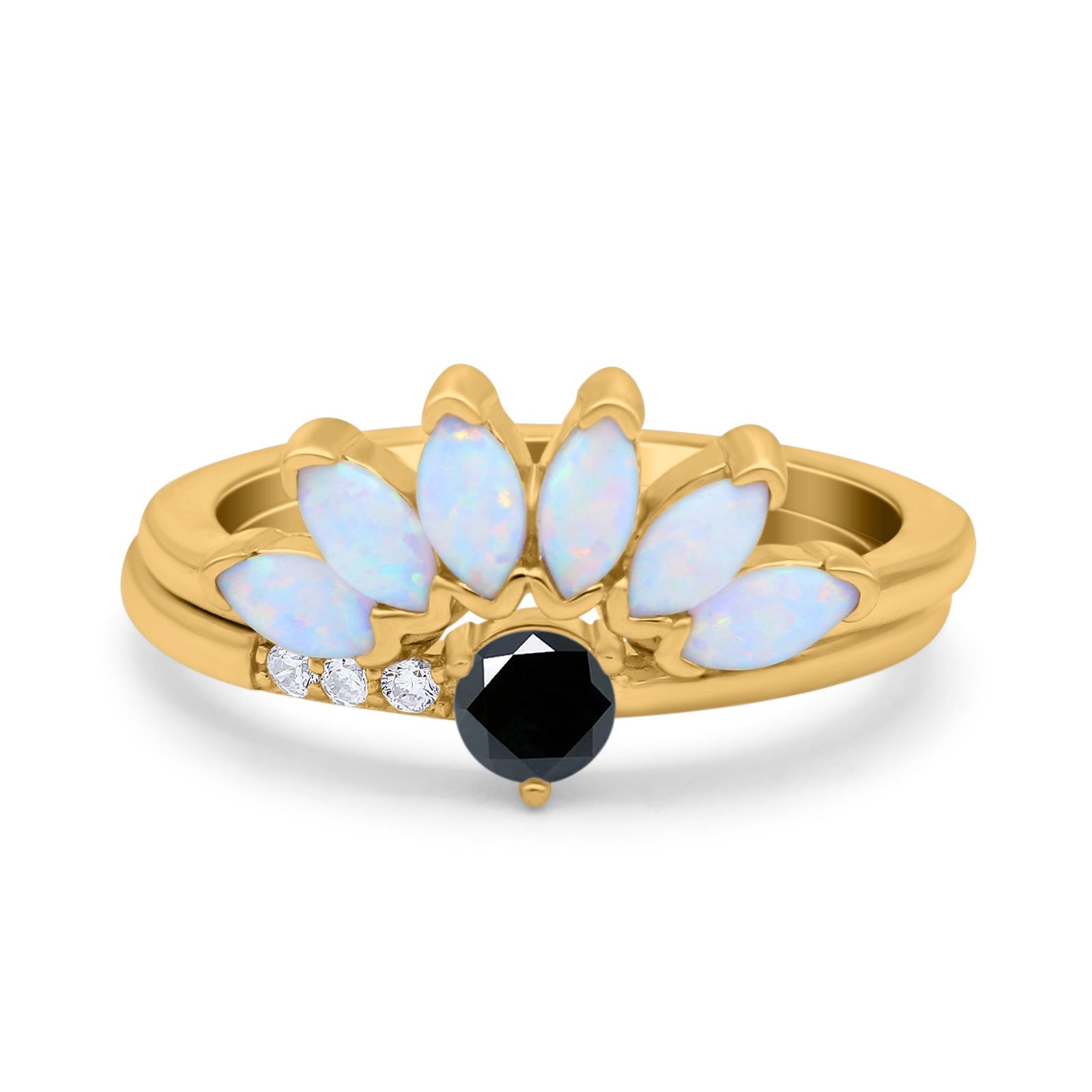 Two Piece Bridal Set Marquise Art Deco Wedding Engagement Ring Set Round Simulated Cubic Zirconia & Lab White Opal Band 925 Sterling Silver