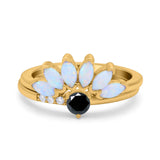 Two Piece Bridal Set Marquise Art Deco Wedding Engagement Ring Set Round Simulated Cubic Zirconia & Lab White Opal Band 925 Sterling Silver