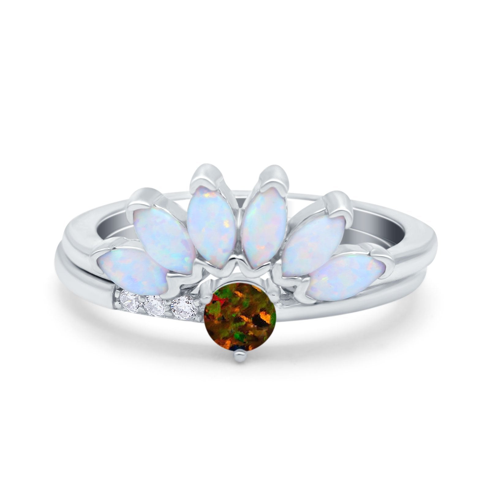 Two Piece Bridal Set Marquise Art Deco Wedding Engagement Ring Set Round Simulated Cubic Zirconia & Lab White Opal Band 925 Sterling Silver