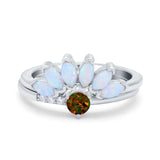 Two Piece Bridal Set Marquise Art Deco Wedding Engagement Ring Set Round Simulated Cubic Zirconia & Lab White Opal Band 925 Sterling Silver