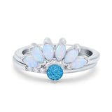 Two Piece Bridal Set Marquise Art Deco Wedding Engagement Ring Set Round Simulated Cubic Zirconia & Lab White Opal Band 925 Sterling Silver