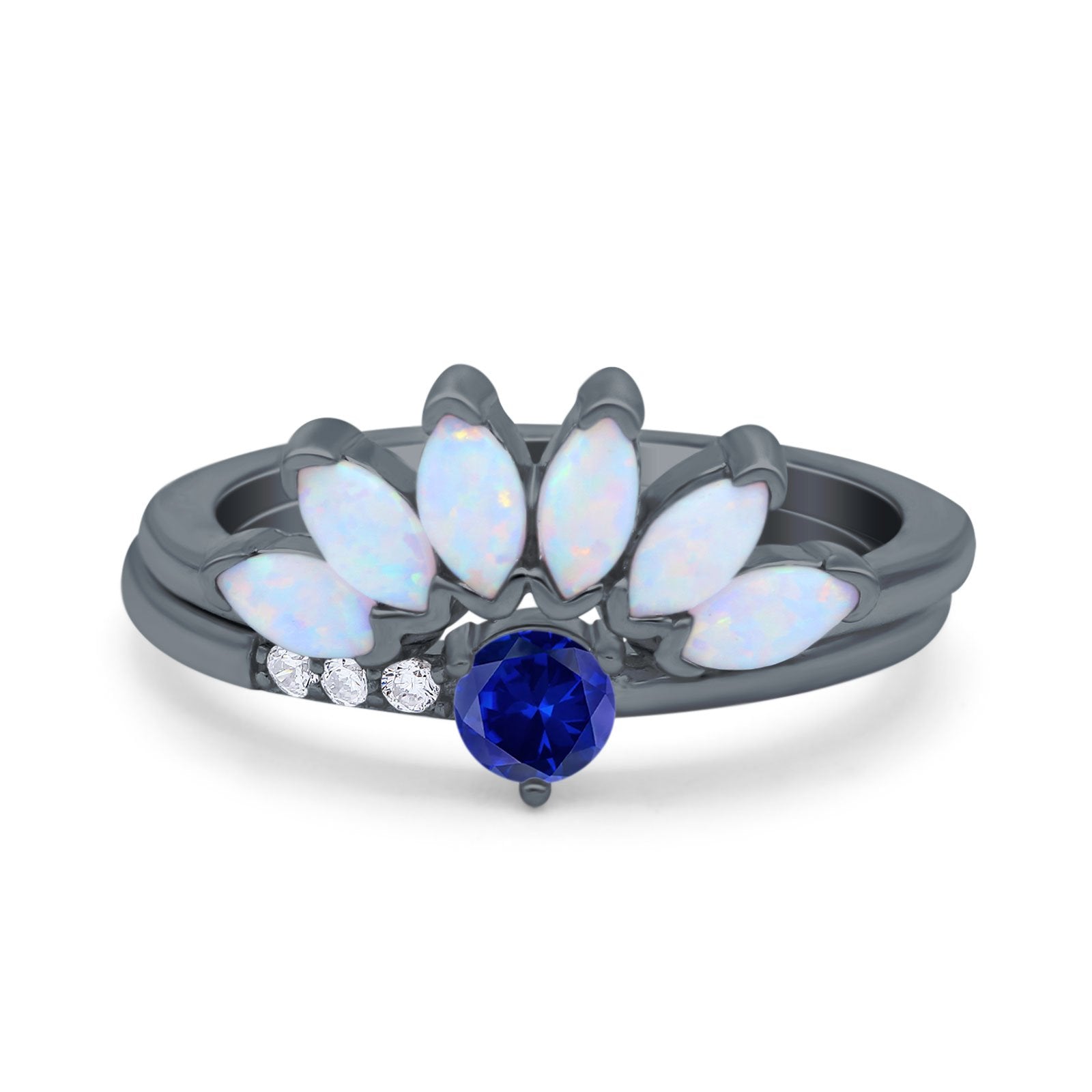 Two Piece Bridal Set Marquise Art Deco Wedding Engagement Ring Set Round Simulated Cubic Zirconia & Lab White Opal Band 925 Sterling Silver