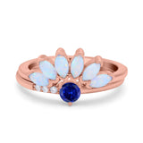 Two Piece Bridal Set Marquise Art Deco Wedding Engagement Ring Set Round Simulated Cubic Zirconia & Lab White Opal Band 925 Sterling Silver