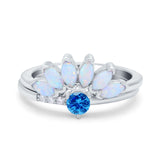 Two Piece Bridal Set Marquise Art Deco Wedding Engagement Ring Set Round Simulated Cubic Zirconia & Lab White Opal Band 925 Sterling Silver