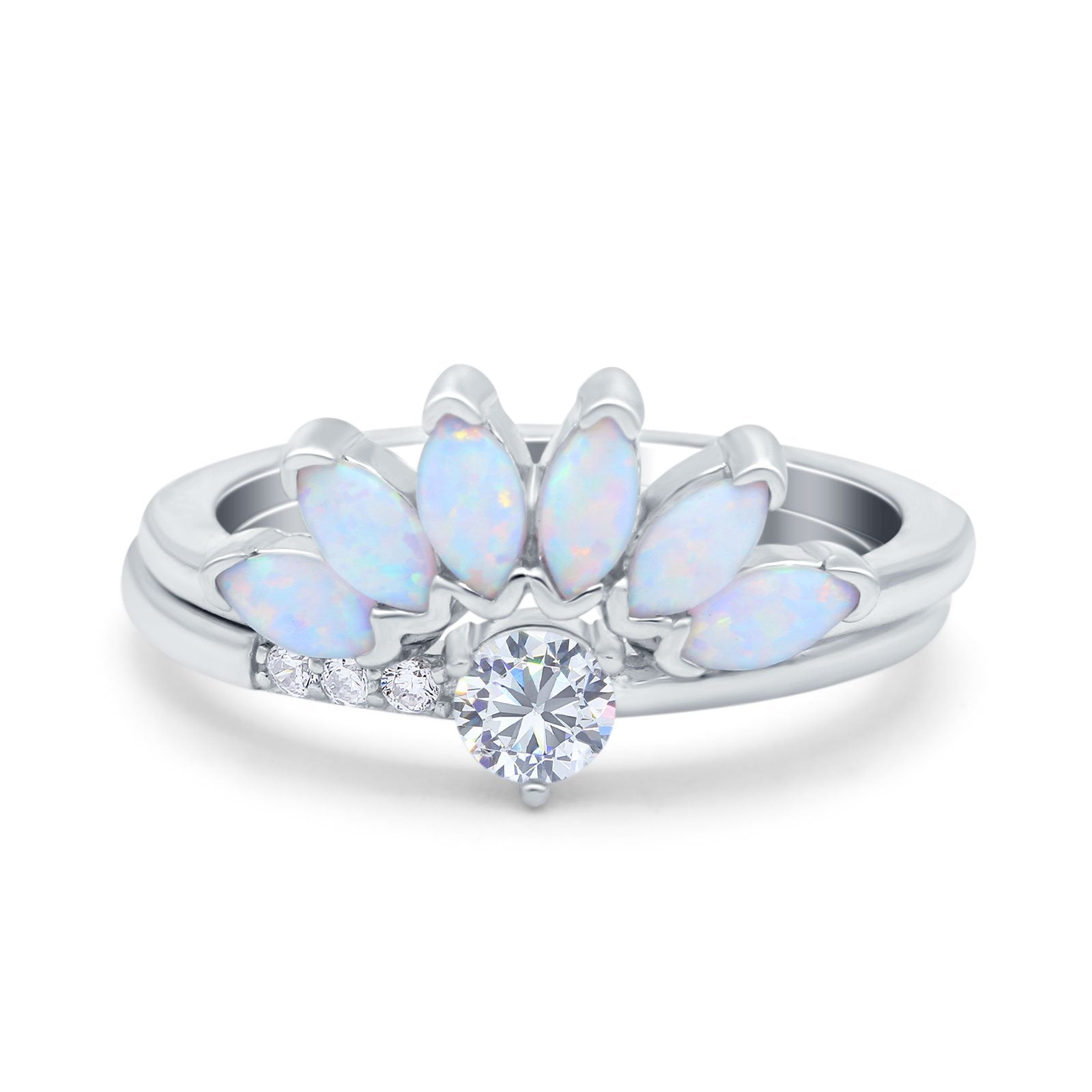 Two Piece Bridal Set Marquise Art Deco Wedding Engagement Ring Set Round Simulated Cubic Zirconia & Lab White Opal Band 925 Sterling Silver